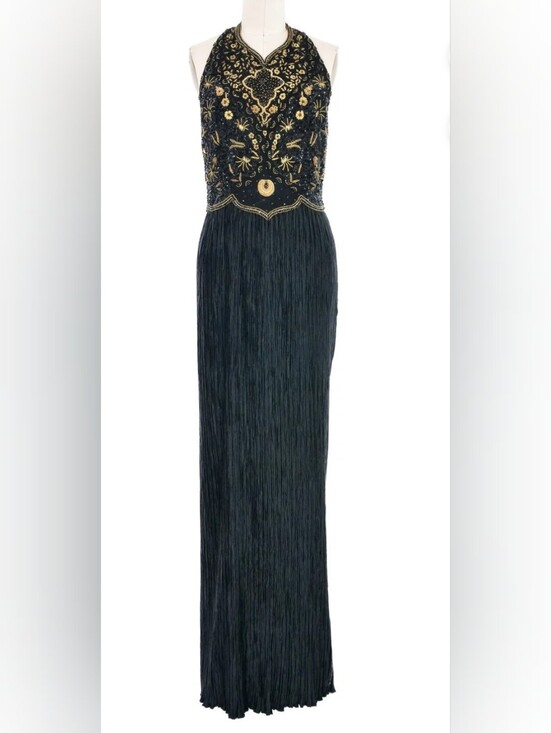 Mary McFadden Dresses & Skirts - Mary McFadden Couture Embellished Black Plisse Halter Gown Size 6  P2P 161/2